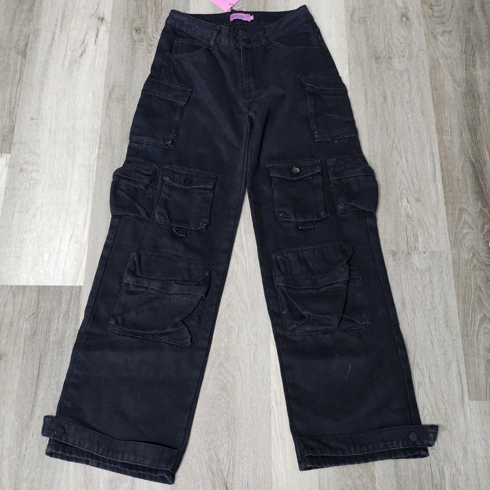 Edikted Women's Oversized Boyfriend Cargo Jeans Black XS 26W 31L Raver Goth